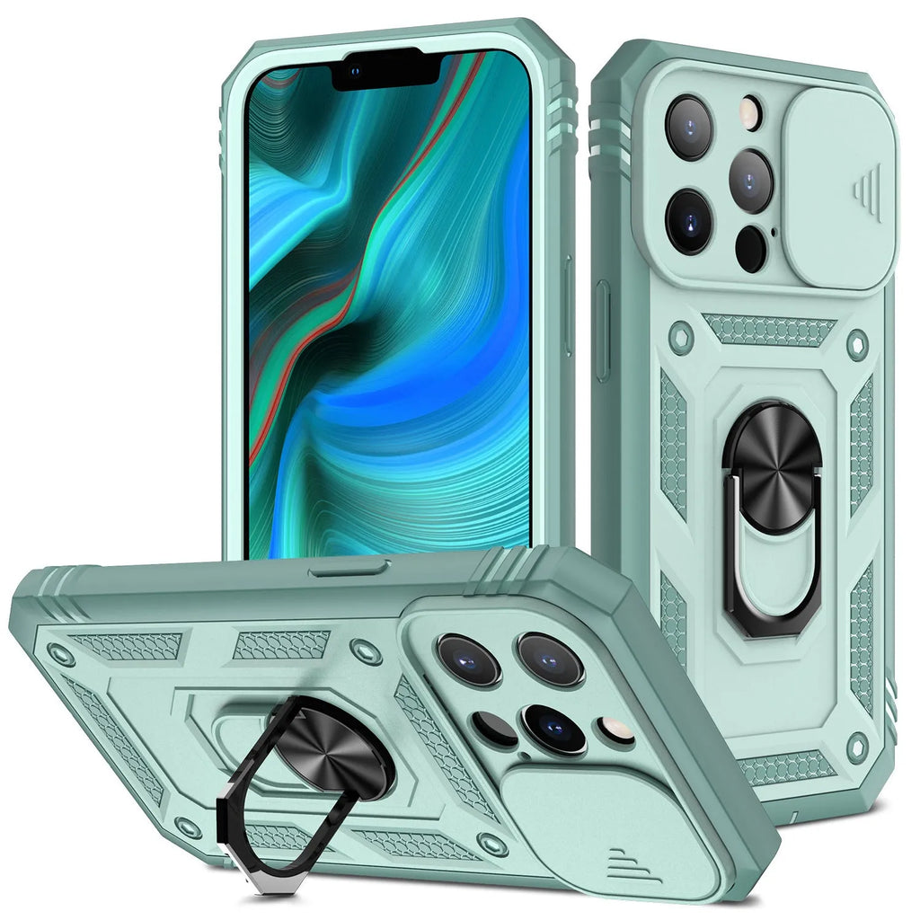 Magnetic iPhone case with sliding window bracket in sapphire blue and other colour options