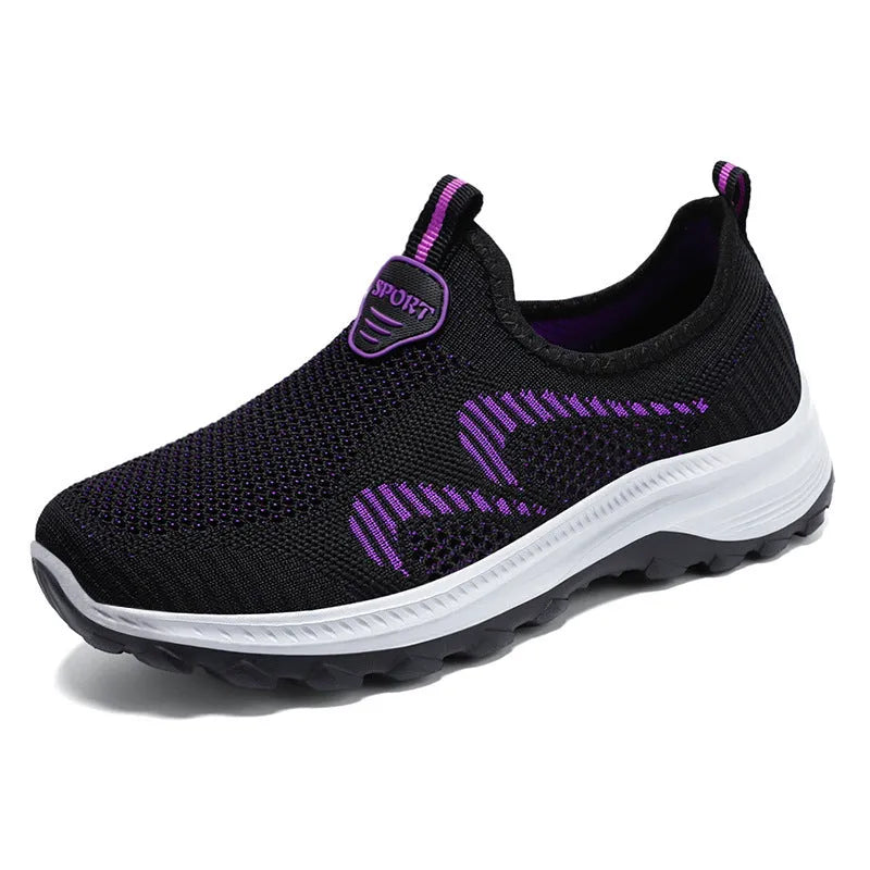 Women's casual sports shoes with mesh upper, round toe, flat heel, available in black, grey, purplish red, taro purple, sizes 36-41