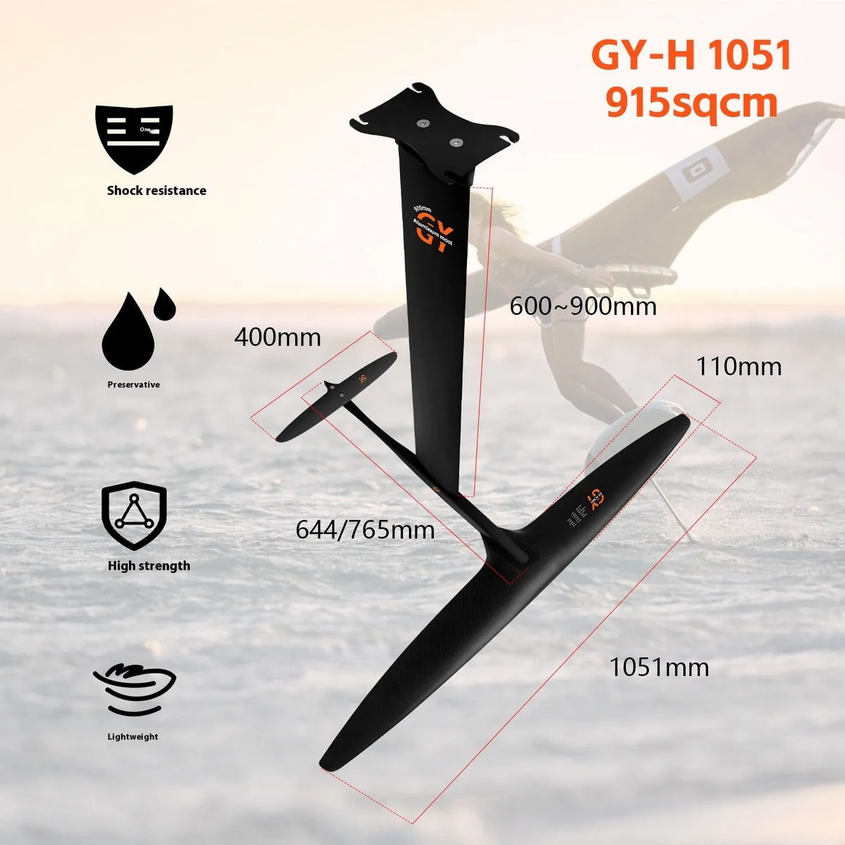 Black carbon fibre hydrofoil for racing surfing with aluminium mast and 1051mm front wing