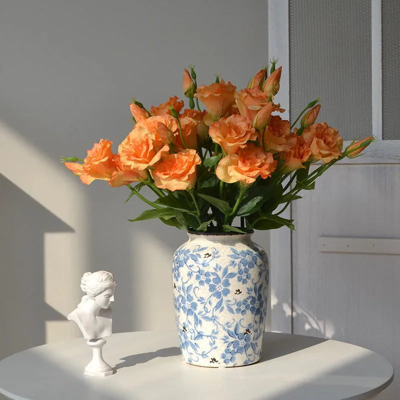 22cm artificial Eustoma stem with 3 silk flower heads in beige, pink, light lotus, purple or orange