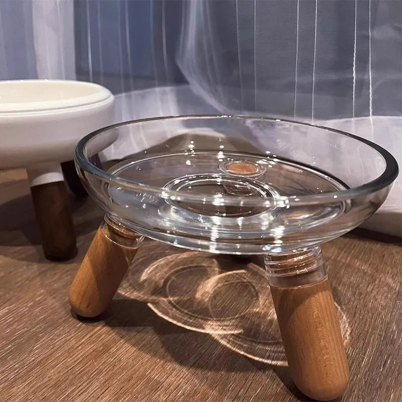 Light colour plastic pet bowl with removable glass bowl for cervical protection and spill resistance