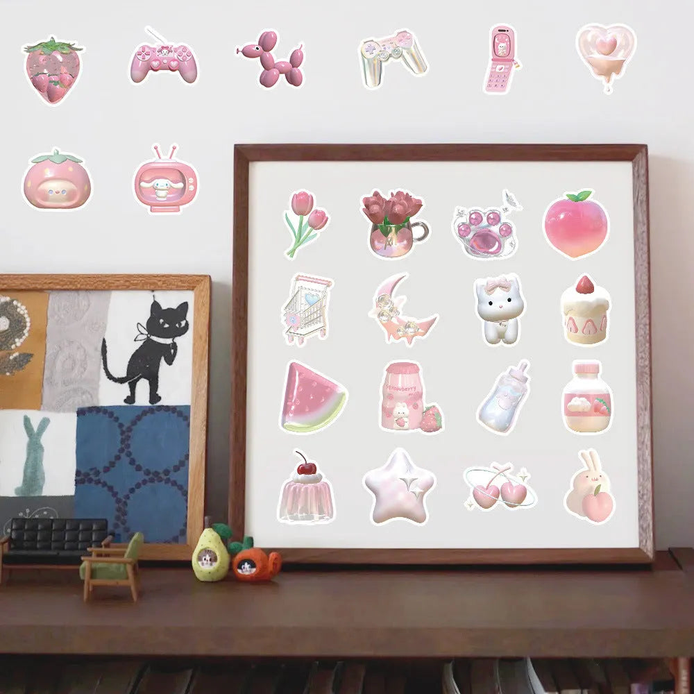 Pink girl heart 3D decorative stickers in light colours with realistic printing for craft and journal projects