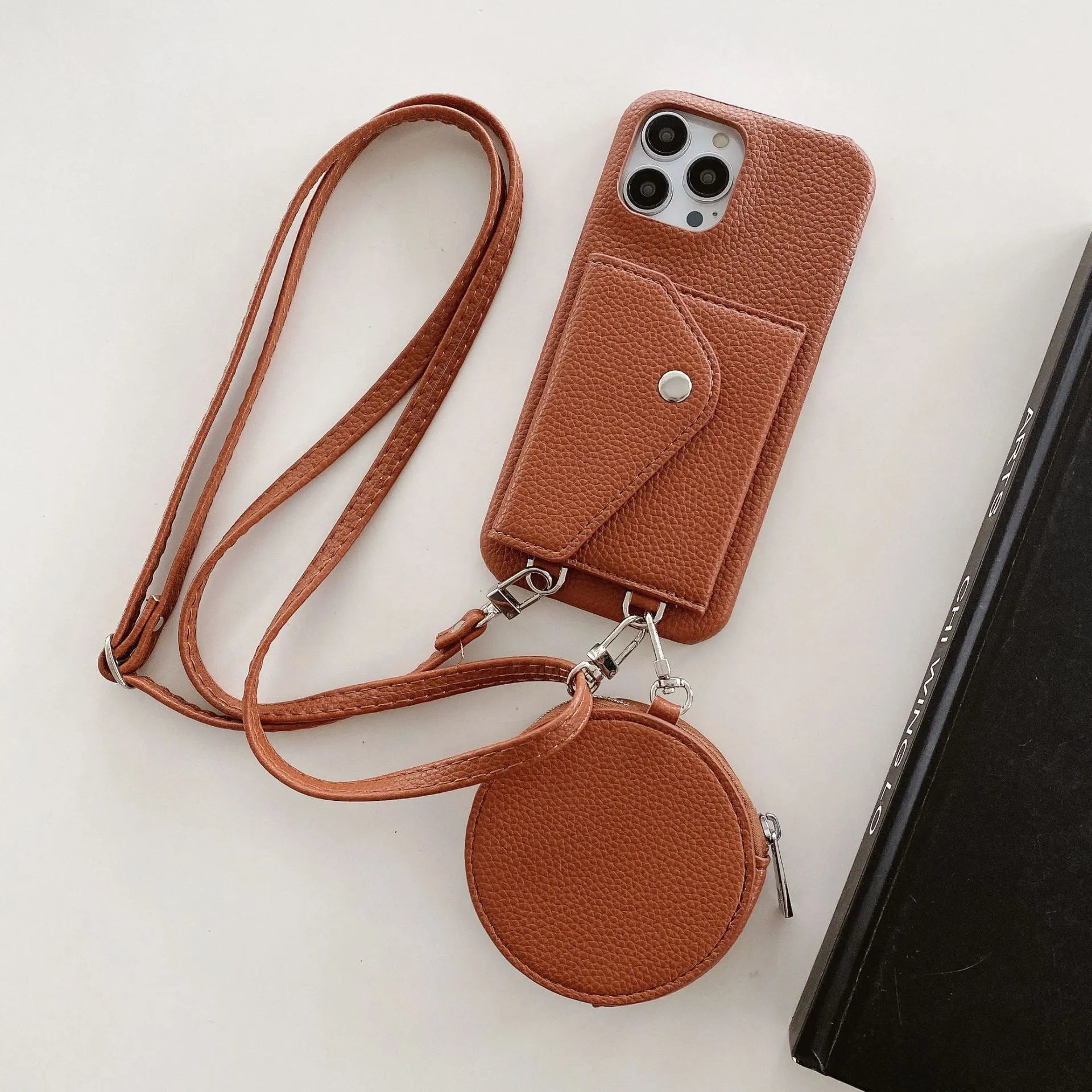 PC leather card holder coin purse crossbody phone case for iPhone, available in black, orange, and white