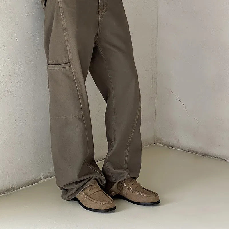 Men's slip-on PU leather shoes in khaki or Gardenia yellow with flat heel, round toe, rubber sole, sizes 39-44.