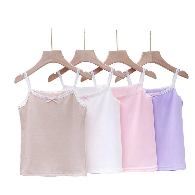 Girls' pure cotton lace vest with bow detail, available in multiple colours and sizes for heights 100-150 cm