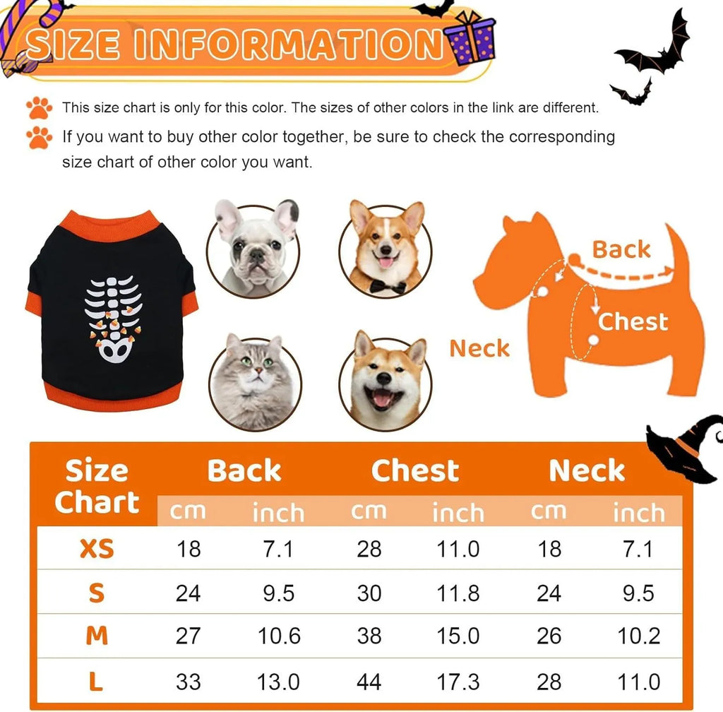 Halloween pet sweatshirt in orange and white cotton with skeleton pattern, ribbed collar and cuffs, sizes XS to XL.