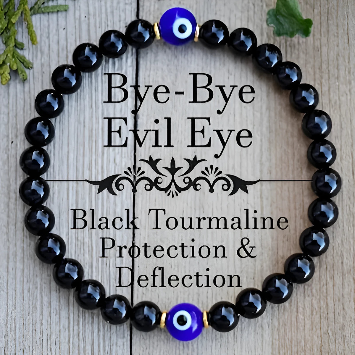 Men's black beaded bracelet with 8mm devil's eye beads and 6mm black beads in a geometric design.