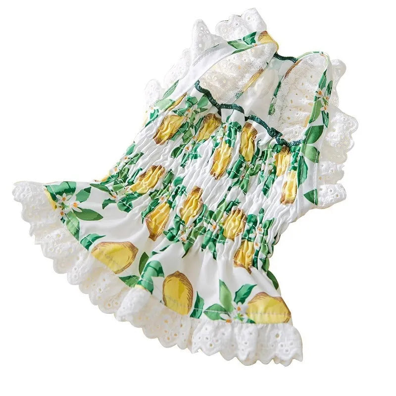 Rock yellow lemon polyester princess style dog dress with thin straps on a small dog.