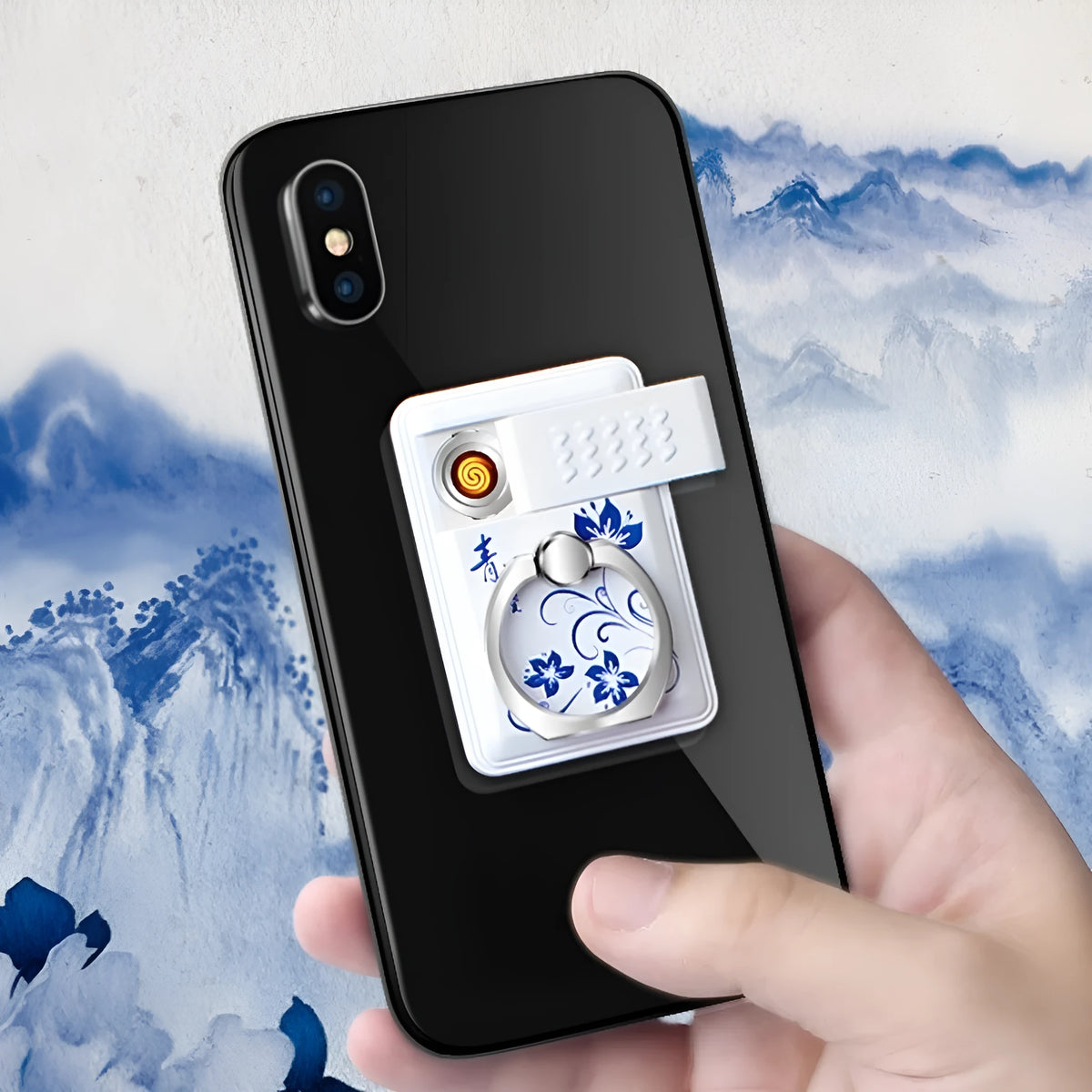 Blue and white porcelain multifunctional plastic phone holder with wind-resistant lighter bracket