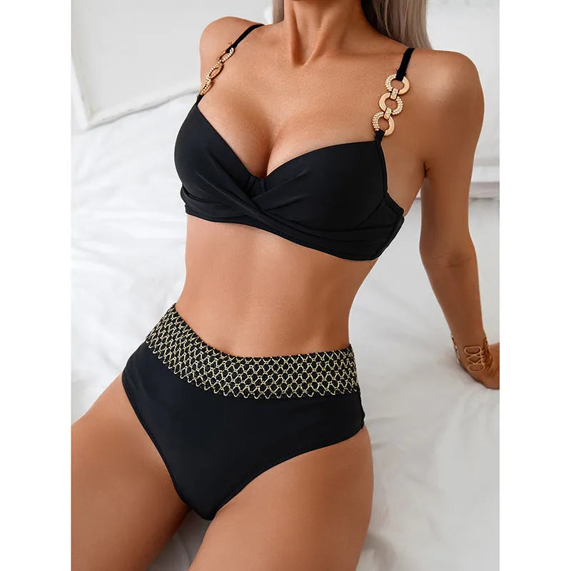 Black high elasticity polyester bikini swimsuit set with sleeveless top and briefs.