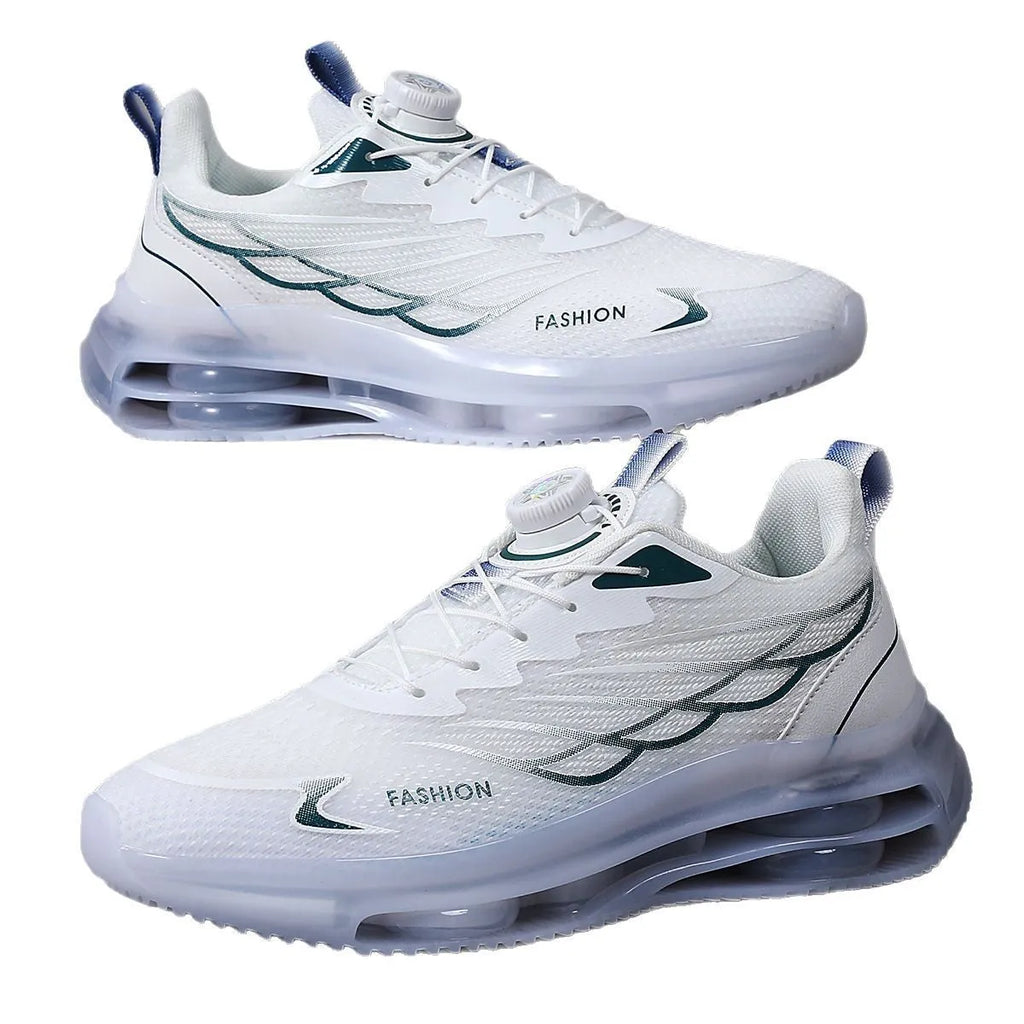 White Korean style men's casual trainers with rotating button lace-up closure and mesh upper