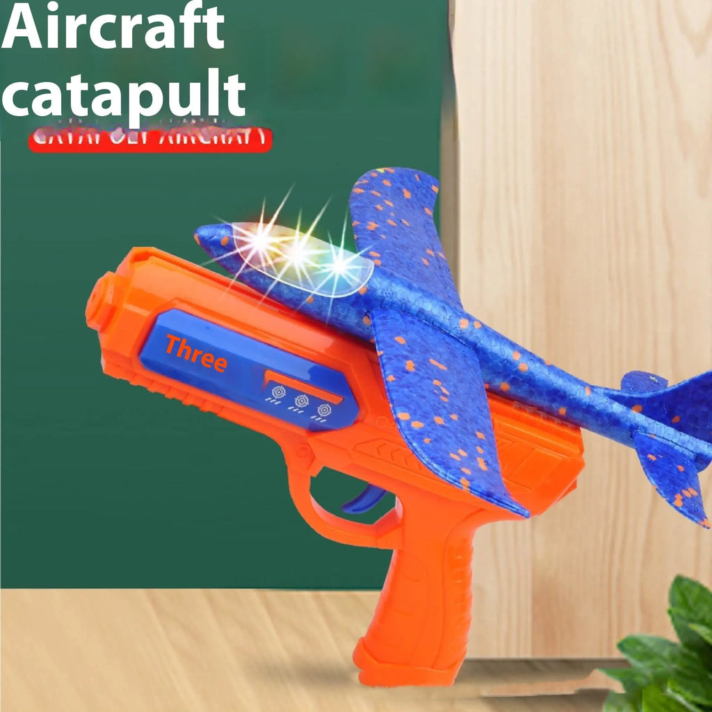 Plastic foam ejection model toy gun and airplane set with flashing light for children aged 4-6 years blue variant