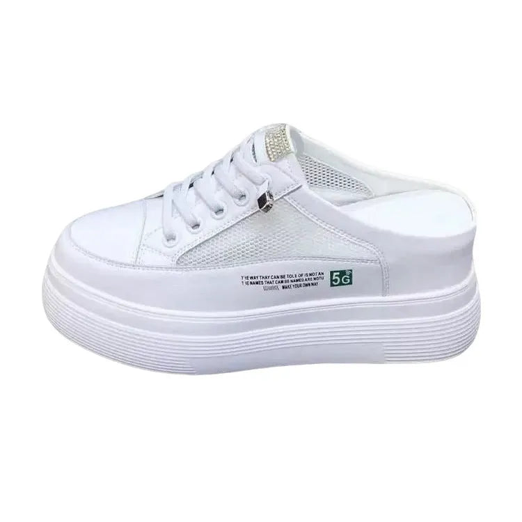 Ladies white platform slip-on shoes with mesh surface, synthetic leather upper and rubber sole, sizes 35-40