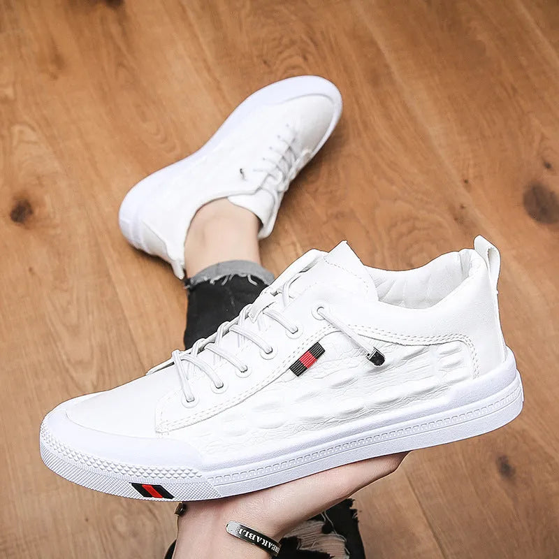 Men's white lace-up casual sneakers with PU leather upper and round toe