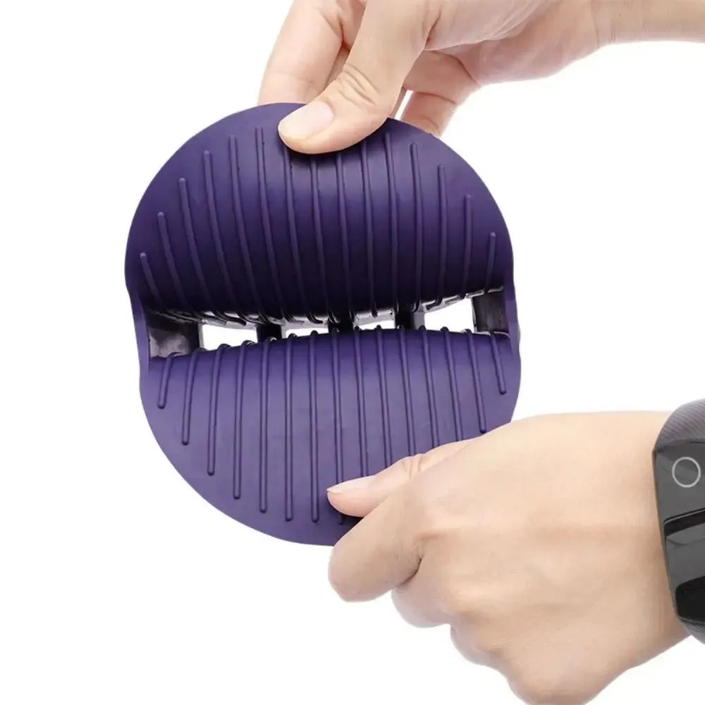 Purple massaging pet shampoo brush with soft TPR bristles for dog grooming