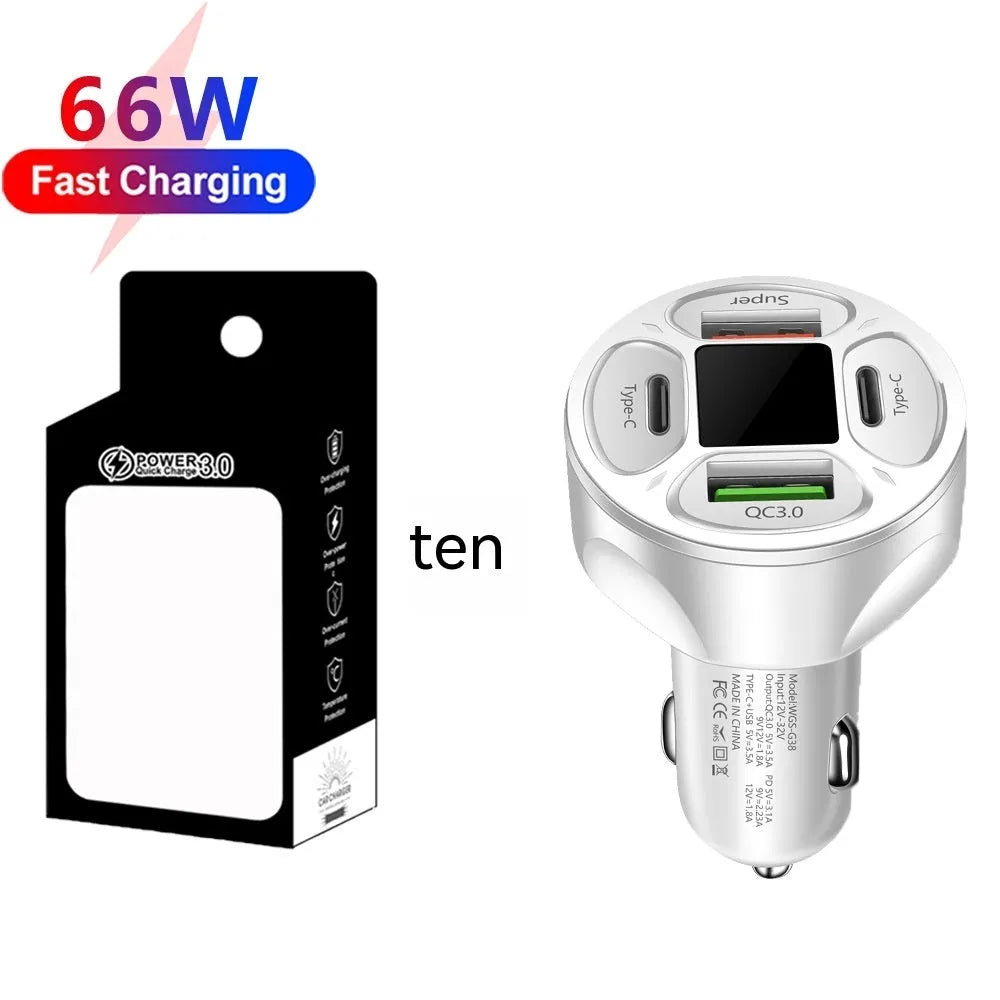 66W car charger with digital display showing 2 USB and 2 Type-C ports