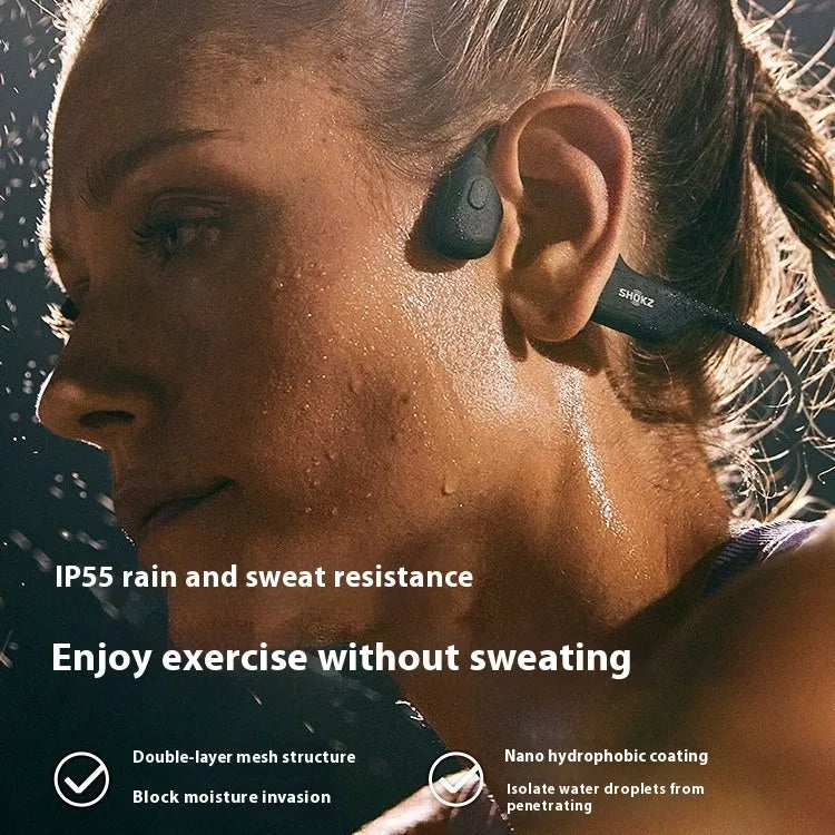 Bone conduction wireless earphones in Knight Black with titanium alloy frame, side view of open-ear design