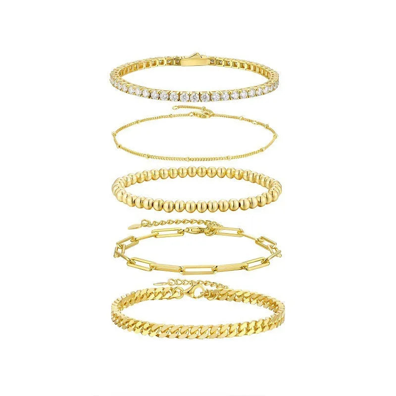 Five stacked S925 silver gold bracelets with round moissanite stones in geometric mosaic design on white background