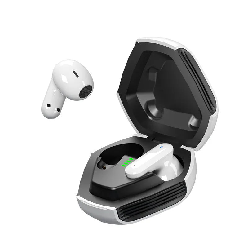 White plastic active noise reduction in-ear Bluetooth headset with touch controls and Type-C charging port