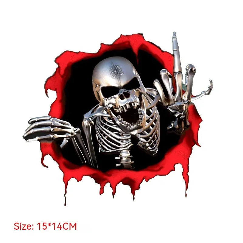 Colourful reflective metal skull bumper sticker on a car bumper.