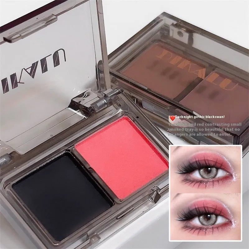DIKALU two-tone eyeshadow palette showing pink and black colour pans with matte and shimmer finishes
