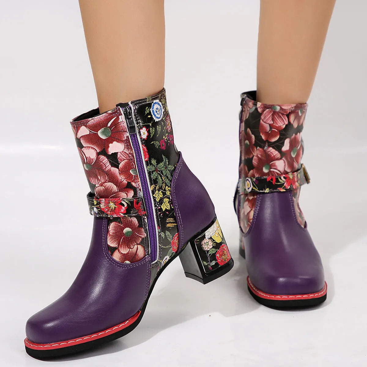 Women's printed stitching ankle booties with thick rubber sole and front lace-up, in purple or blue