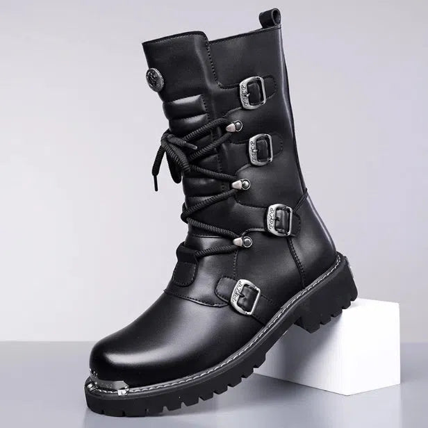 Men's black high-top riding boots with side zipper, round toe, and flat heel in vintage British style