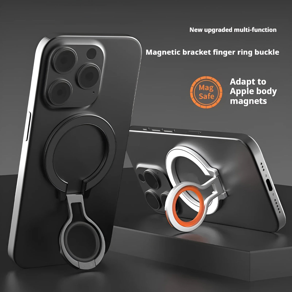 Metal lazy desktop ring magnetic phone holder in black and silver orange alloy stand