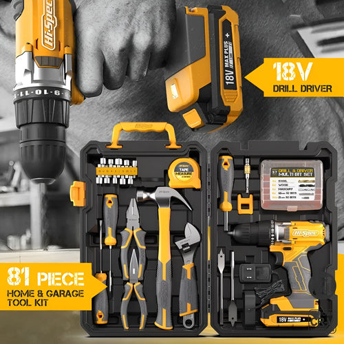 Grey yellow US style 82-piece furniture installation tool set with chrome-vanadium steel tools