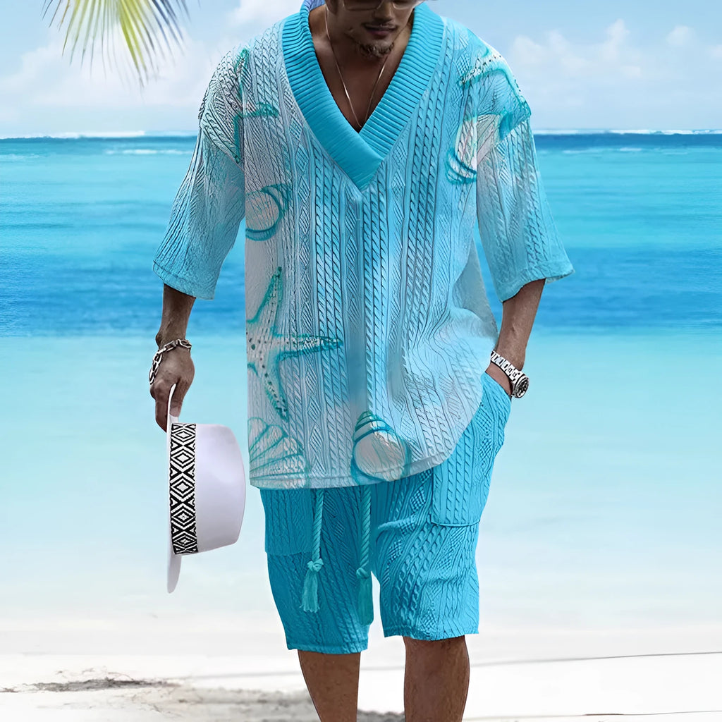 Loose casual short sleeve suit with matching shorts in polyester fabric