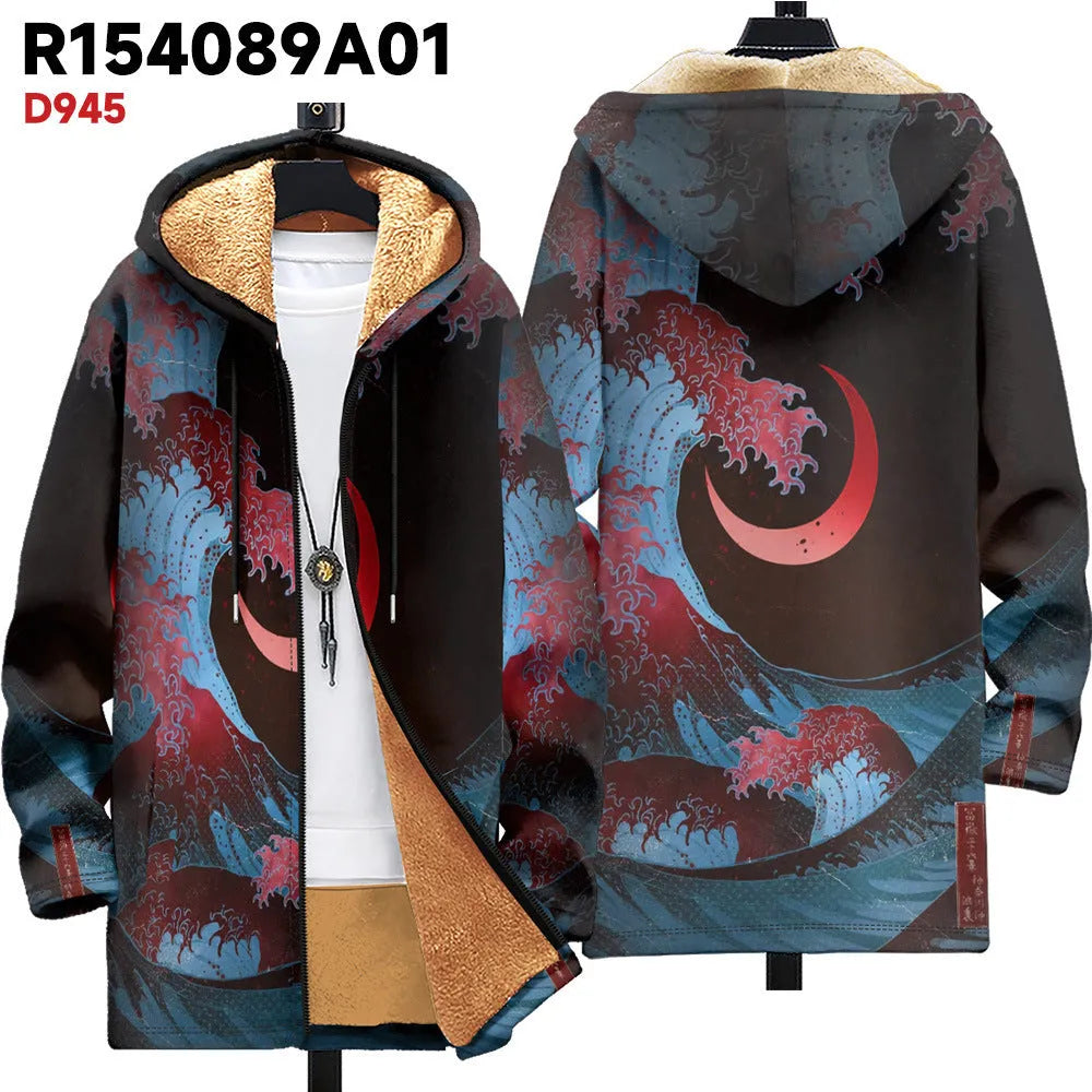 Man wearing a loose multicolour printed hooded cardigan with a front zip.