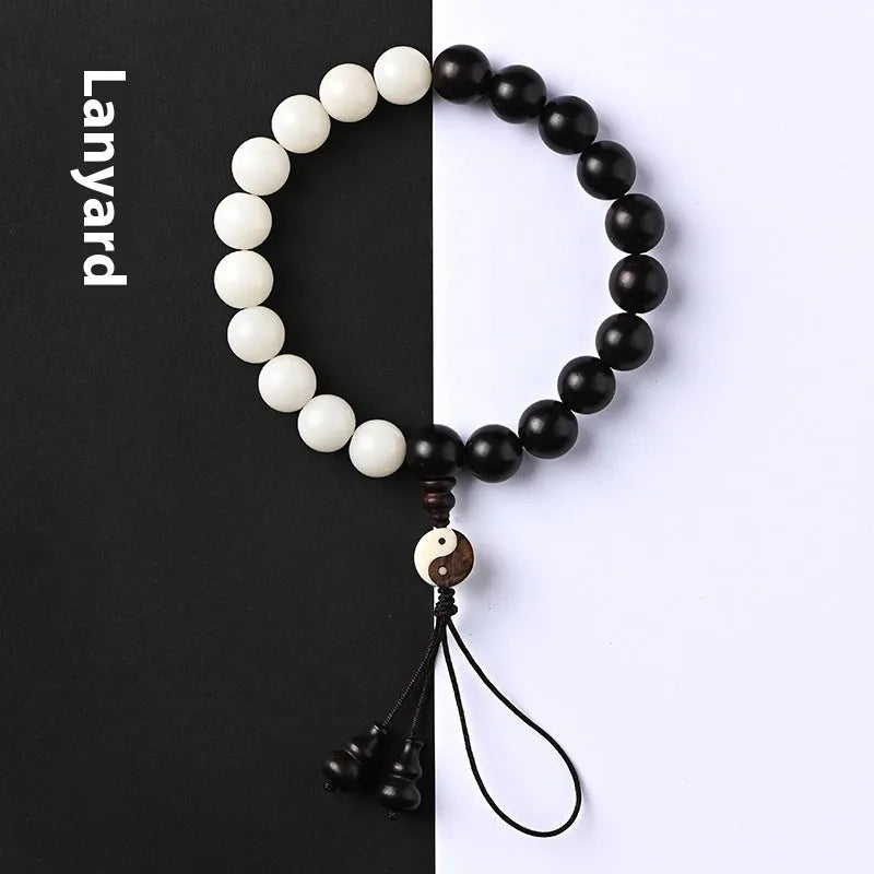 Retro style Bodhi seed bracelet with 11mm eight-diagram shaped blackwood beads