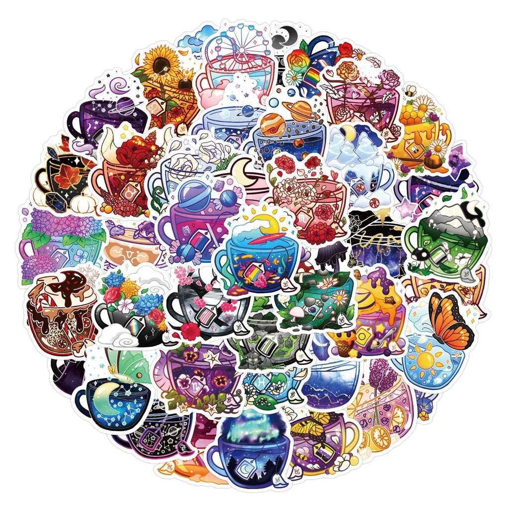 Nordic style colourful tea cup waterproof stickers 50-piece pack for DIY personalisation