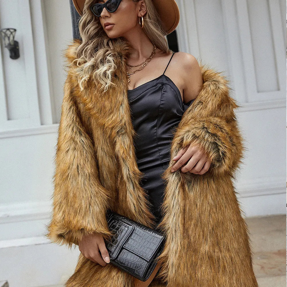 Yellow artificial fur women's coat with regular sleeves and knee-length design