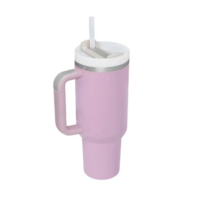 40 oz insulated stainless steel tumbler with handle straw and spill proof lid in a tapered design for car or gym use