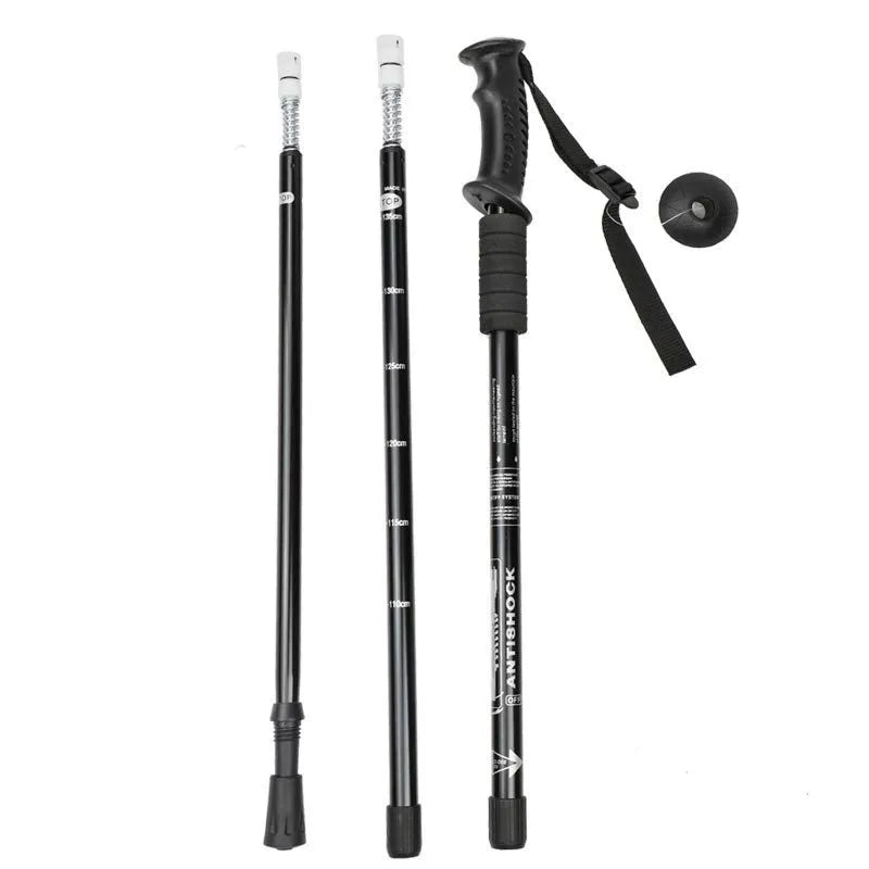 Aluminium alloy outdoor trekking poles with three straight handles and adjustable length, shown with snow holder attachments