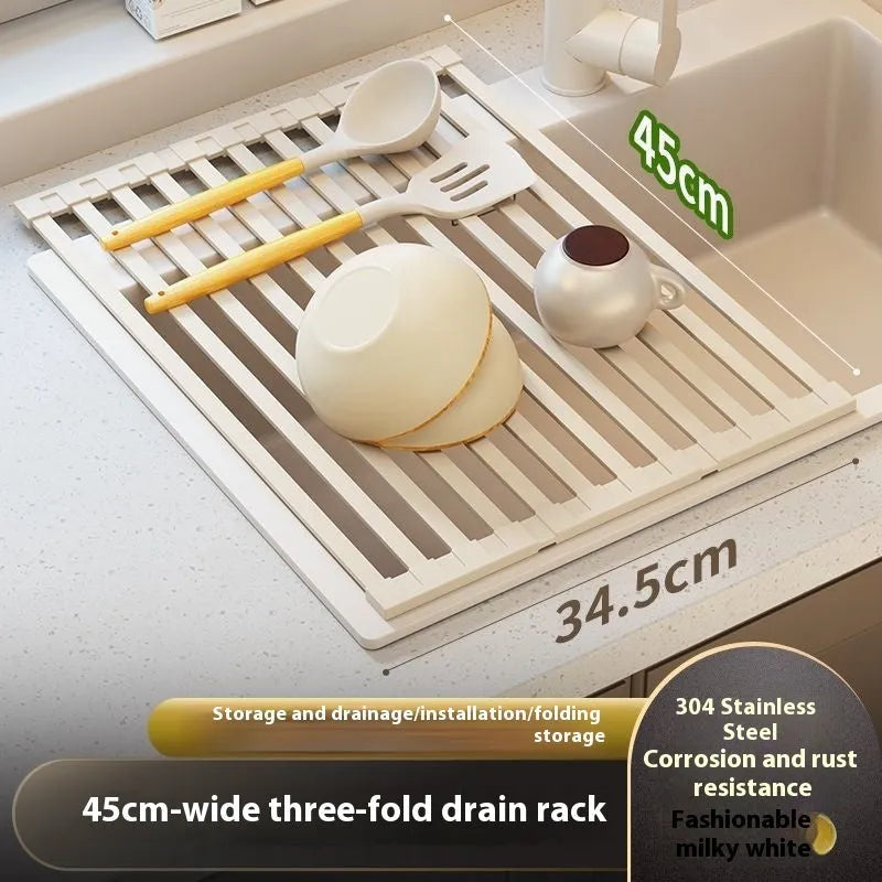 Milky white 304 stainless steel foldable kitchen draining rack over sink