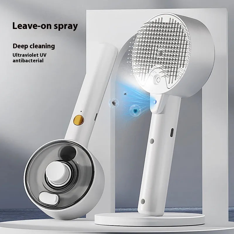 Ceramic white pet grooming brush with UV sterilisation light and spray function for dogs and cats