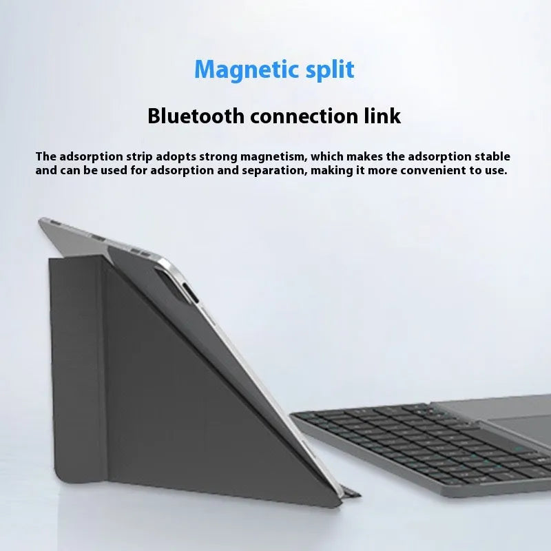 Grey wireless Bluetooth folding keyboard shown both open for use and folded for storage
