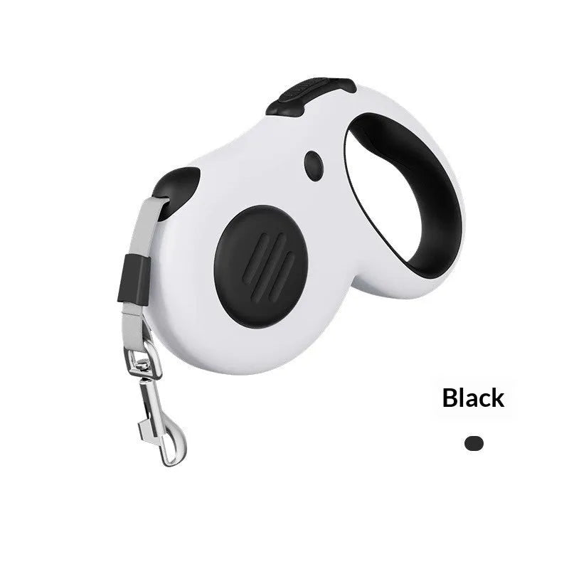 Automatic retractable dog leash with 5m black cord, ABS plastic housing, and anti-slip handle for walking
