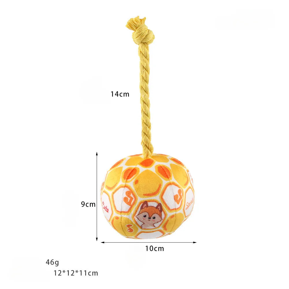Blue and yellow elastic football dog toy with attached cotton rope for tug-of-war