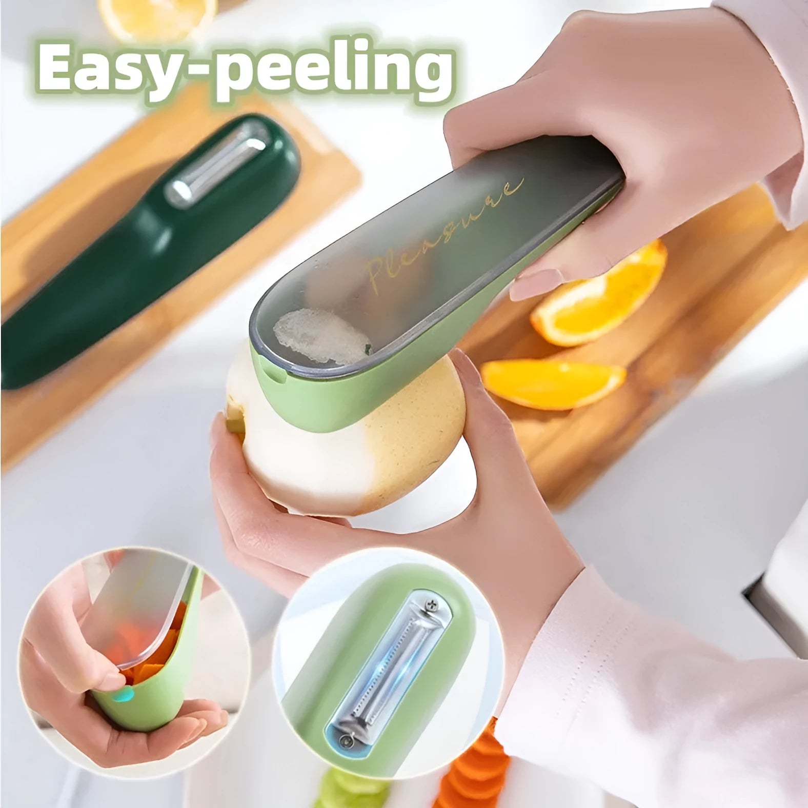 Green kitchen peeler with stainless steel blade stored inside a clear plastic tube.
