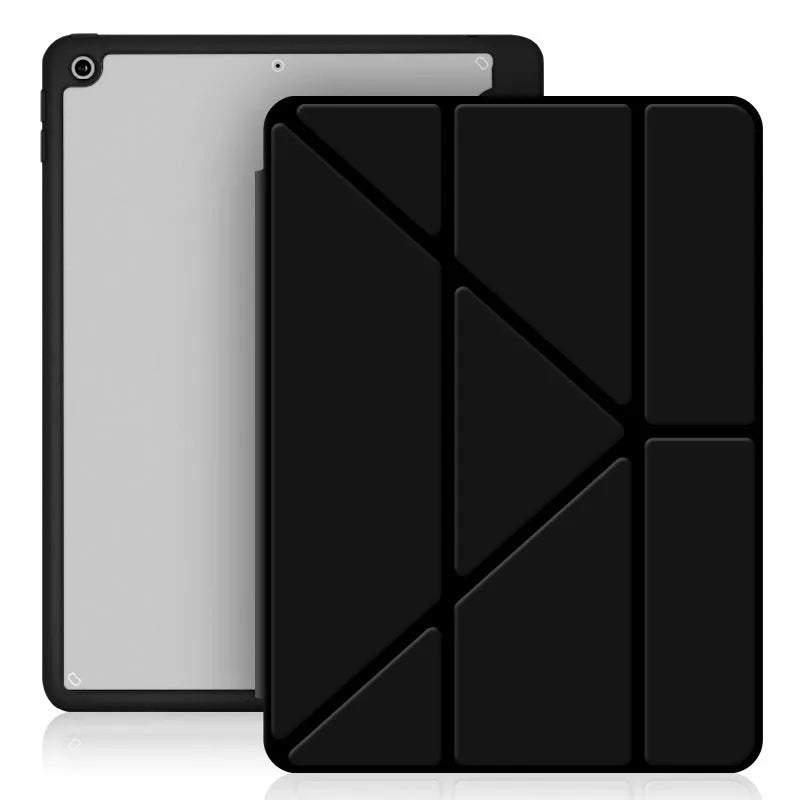 iPad protective case with Y-shaped folding bracket stand and Apple Pencil storage slot in imitation leather