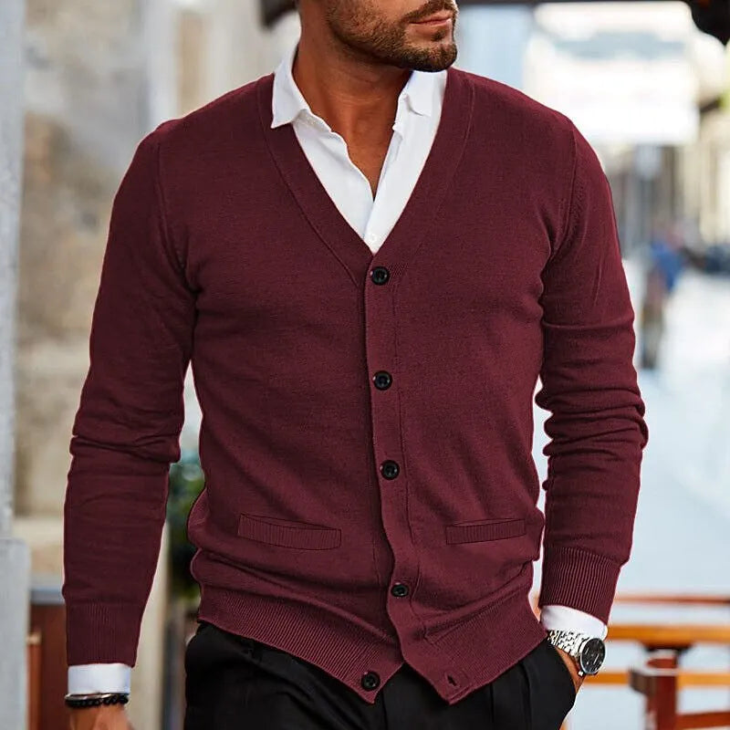 Men's V-neck slim fit knit cardigan with double-sided pockets in black, acrylic, autumn winter wear