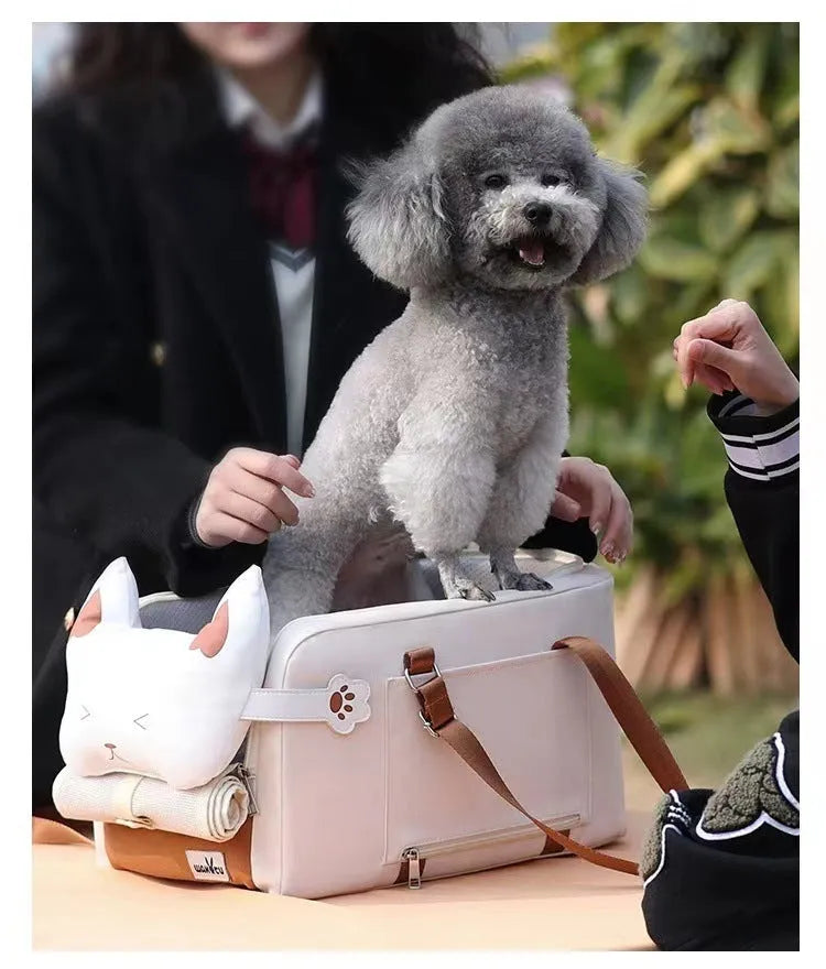 Beige hard-shell pet flight case with one-shoulder carry strap and EPE padded interior