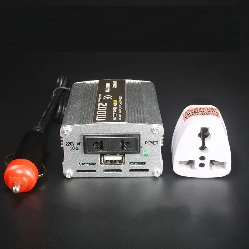 Silver 200W car inverter with USB port, 12V plug, and die-cast aluminium casing