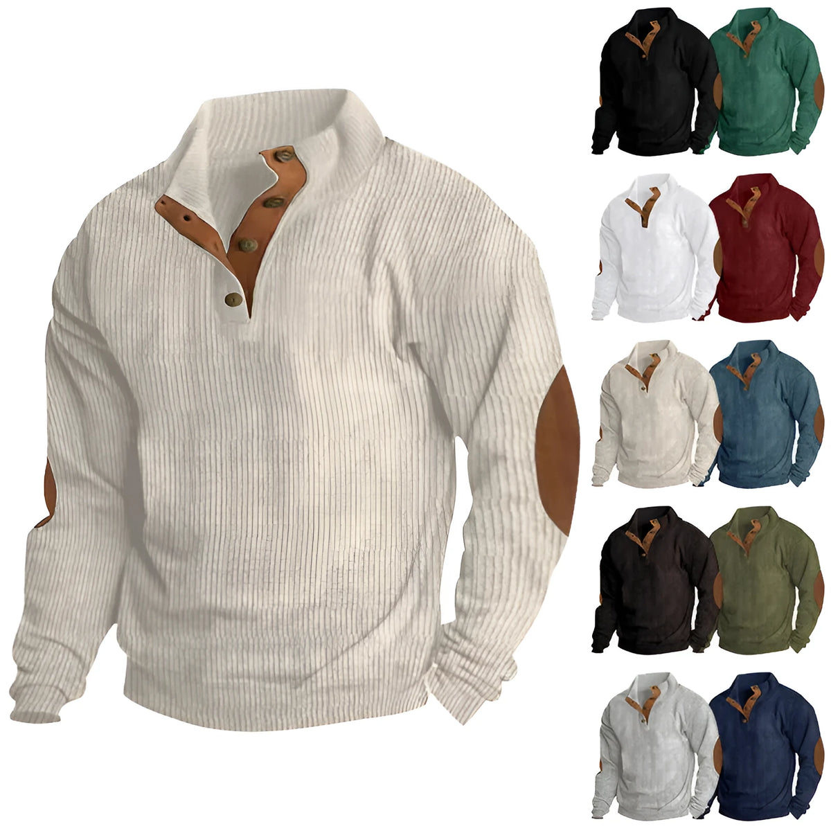 Men's casual stand-collar long sleeve pullover sweatshirt in solid colour with striped design, polyester fabric, loose fit