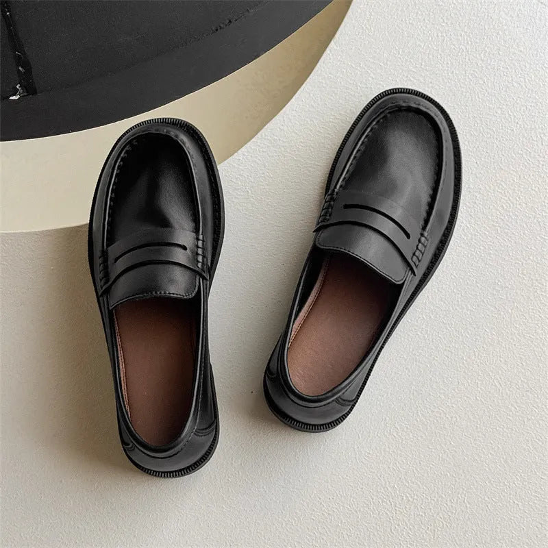 Microfiber slip-on casual shoes in retro business style showing black, beige, apricot and brown colour options