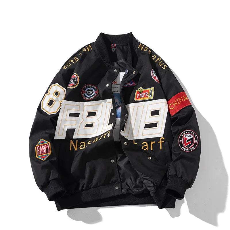 American motorcycle couple baseball jacket with cotton padding and side pockets in black colour