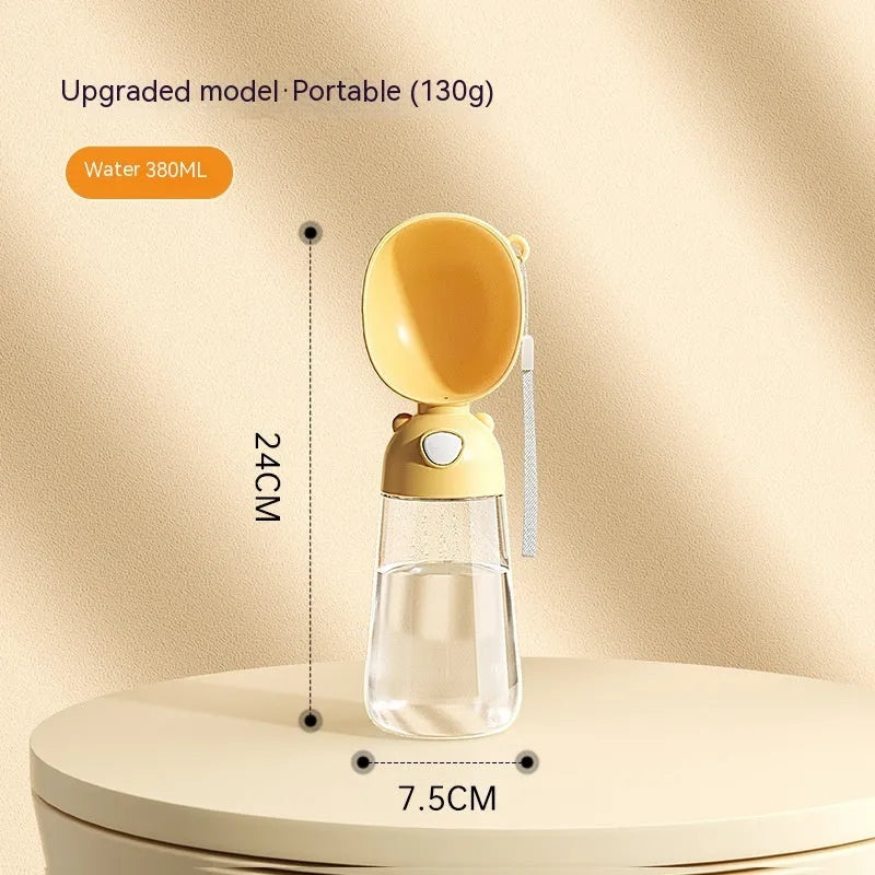 Portable dog water bottle and food container in yellow, pink, or brown colours for outdoor travel.